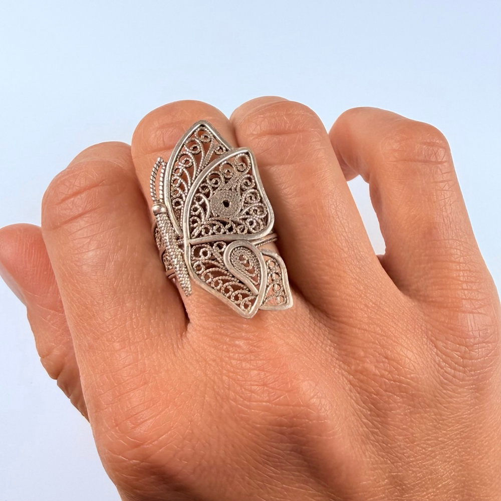 Filigree BIG Perched Butterfly Sterling Silver 925 DGS Turkey Vintage 1.3" Ring - Picture 8 of 10